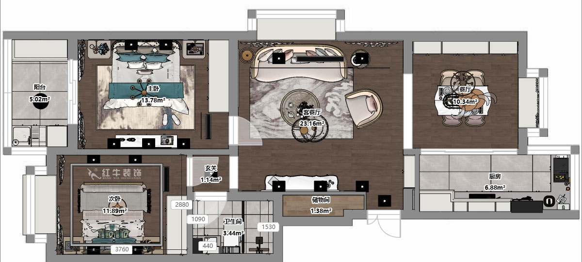 吴波｜后宰门东村82号院1-801-95㎡-欧式风格｜3室2厅1卫｜旧房装修｜定制家｜全包12万｜00_03平面彩图